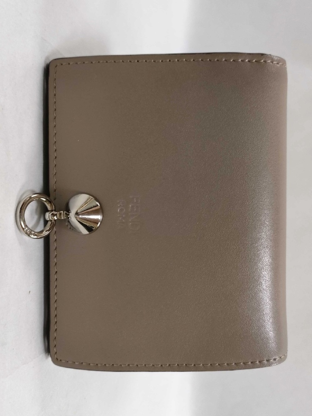 Fendi Taupe Leather Compact Bifold Wallet Silver-Tone Ring Hardware